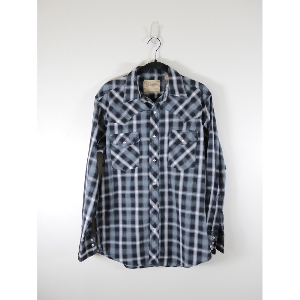 Wrangler Mens Western Shirt Black Grey White Plaid Pearl Snap Long Sleeve Medium
